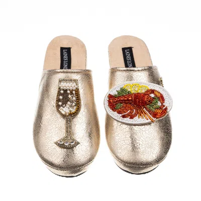 Laines London Women's  Gold Softie Slippers With Champers Glass & Lobster Platter Brooch