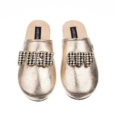 Laines London Women's  Gold Softie Slippers With Chequered Fuck Off Brooches