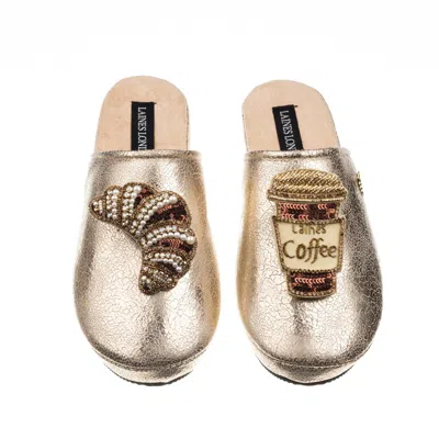 Laines London Women's  Gold Softie Slippers With Coffee & Croissant Brooches