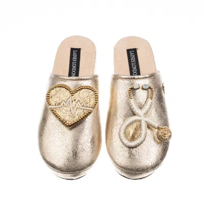 Laines London Women's  Gold Softie Slippers With Doctor Brooches