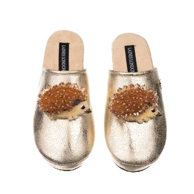 Laines London Women's  Gold Softie Slippers With Double Hedgehog Brooches