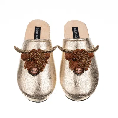 Laines London Women's  Gold Softie Slippers With Double Highland Cow Brooches