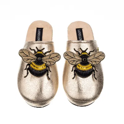 Laines London Women's  Gold Softie Slippers With Double Honey Bee Brooches