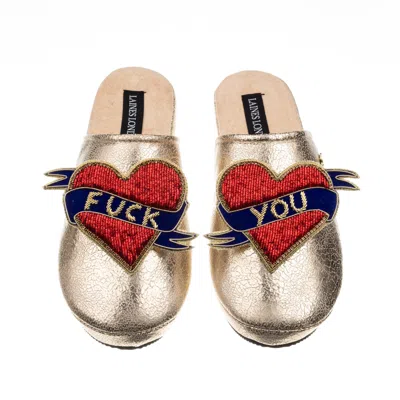 Laines London Women's  Gold Softie Slippers With Fuck You Brooches