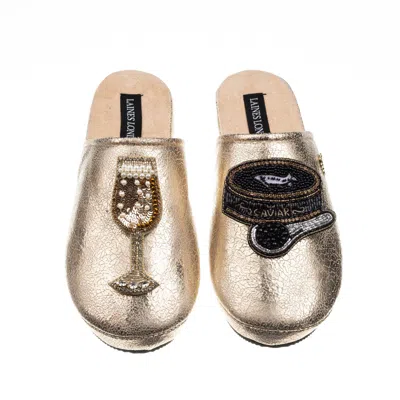 Laines London Women's  Gold Softie Slippers With Glass Of Champagne & Caviar Brooches