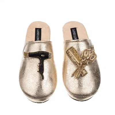 Laines London Women's  Gold Softie Slippers With Hairdresser Brooches