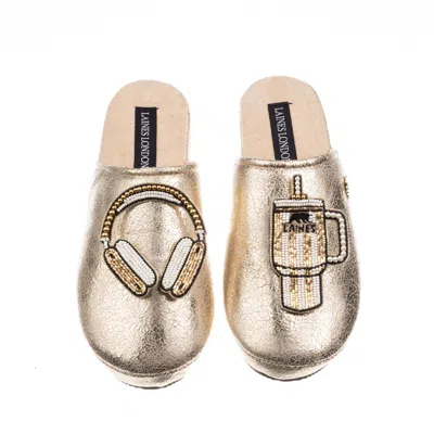 Laines London Women's  Gold Softie Slippers With Headphones & Quencher Brooches