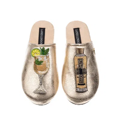 Laines London Women's  Gold Softie Slippers With Hugo Spritz Brooches