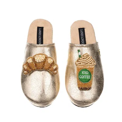 Laines London Women's  Gold Softie Slippers With Iced Coffee & Croissant Brooches