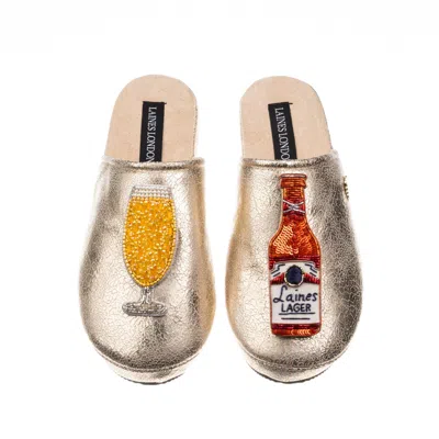 Laines London Women's  Gold Softie Slippers With Laines American Lager Brooches
