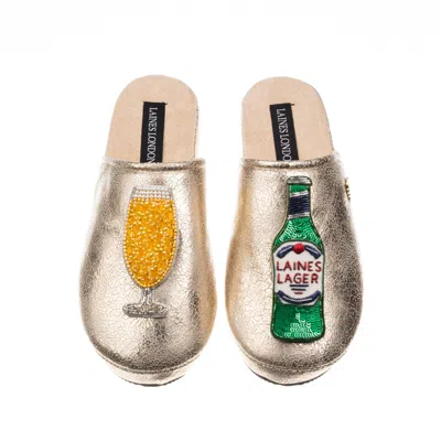 Laines London Women's  Gold Softie Slippers With Laines Italian Lager Brooches