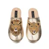Laines London Women's  Gold Softie Slippers With Lion & Lioness Brooches In Gold
