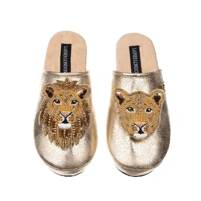 Laines London Women's  Gold Softie Slippers With Lion & Lioness Brooches
