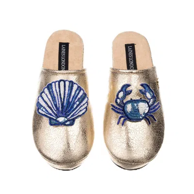 Laines London Women's  Gold Softie Slippers With Mediterranean Blue Shell & Crab Brooches