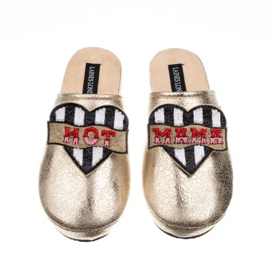 Laines London Women's  Gold Softie Slippers With Mother's Day Hot Mama Brooches