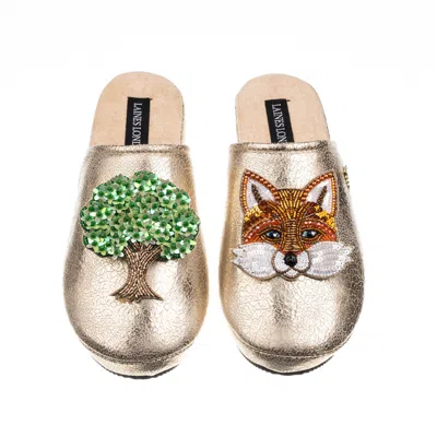 Laines London Women's  Gold Softie Slippers With Oak Tree & Fox Brooches