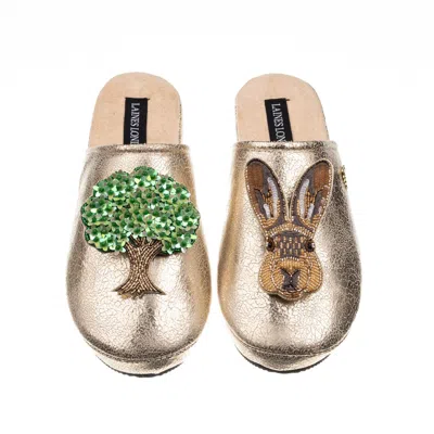 Laines London Women's  Gold Softie Slippers With Oak Tree & Hare Brooch