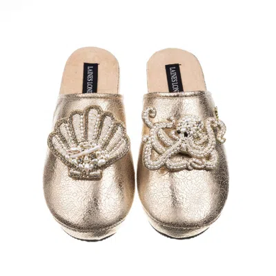 Laines London Women's  Gold Softie Slippers With Pearl Shell & Octopus Brooches