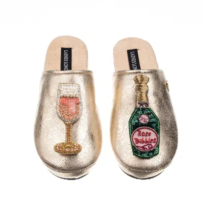 Laines London Women's  Gold Softie Slippers With Pink Champagne Brooches