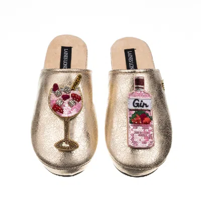 Laines London Women's  Gold Softie Slippers With Pink Gin Brooches