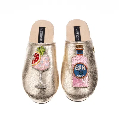 Laines London Women's  Gold Softie Slippers With Pink Rosa & Grapefruit Gin Brooches
