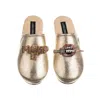 Laines London Women's  Gold Softie Slippers With Plump It Pout Brooches In Gold