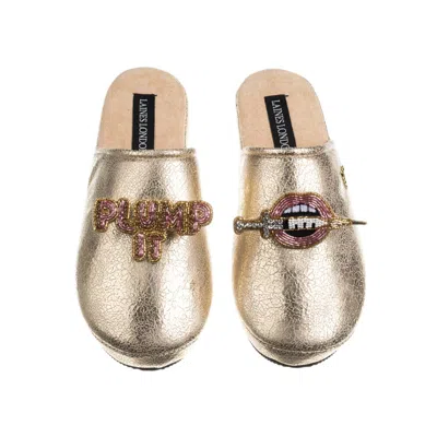 Laines London Women's  Gold Softie Slippers With Plump It Pout Brooches