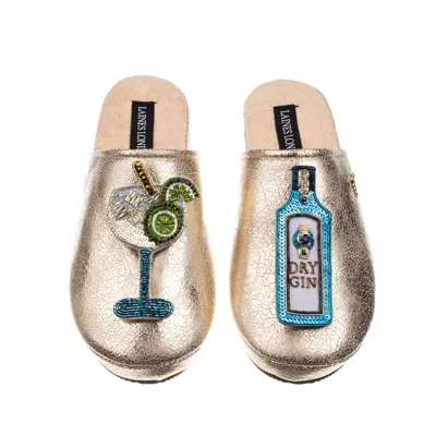 Laines London Women's  Gold Softie Slippers With Sapphire Gin Brooches