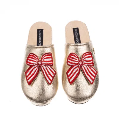 Laines London Women's  Gold Softie Slippers With Stripe Red Bow Brooches