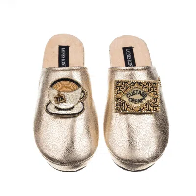 Laines London Women's  Gold Softie Slippers With Tea & Biscuit Brooches