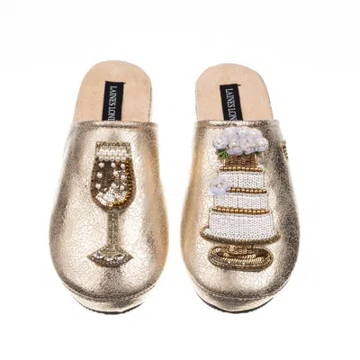 Laines London Women's  Gold Softie Slippers With Wedding Cake & Champers Brooches