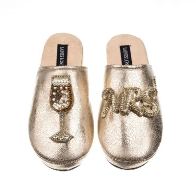 Laines London Women's  Gold Softie Slippers With Wedding Champers & Mrs Brooches