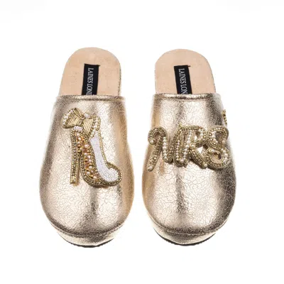 Laines London Women's  Gold Softie Slippers With Wedding Heel & Mrs Brooches