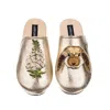 Laines London Women's  Gold Softie Slippers With White Foxglove Flowers & Bunny Brooches In Gold