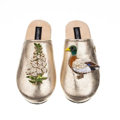 Laines London Women's  Gold Softie Slippers With White Foxglove Flowers & Duck Brooches