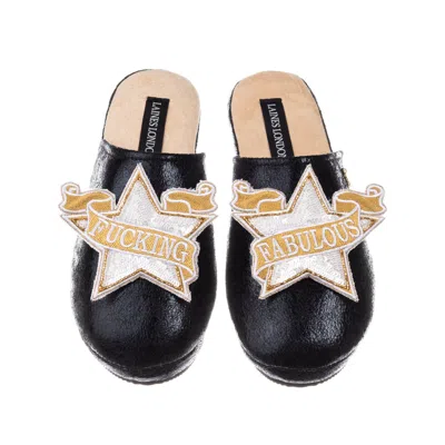 Laines London Women's  Softie Slippers With Fucking Fabulous White Star Brooches - Black