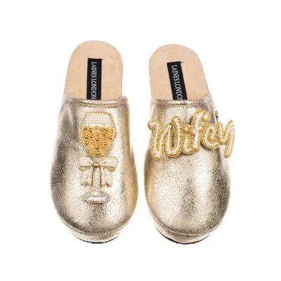 Laines London Women's  Softie Slippers With Wifey & Champers Brooches - Gold