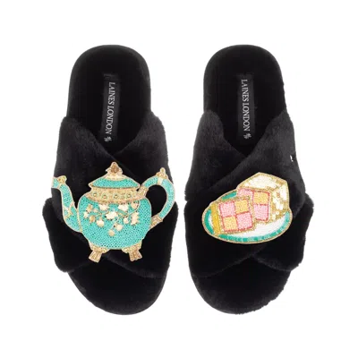 Laines London Women's Laines X Juliet Slippers With Tea & Battenberg Cake Brooches - Black