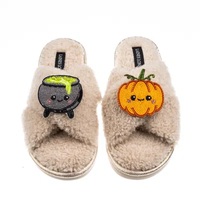 Laines London Women's Neutrals / Brown Boucle Slippers With Limited Edition Laines Loveables Pumpkin & Cauldron Ha