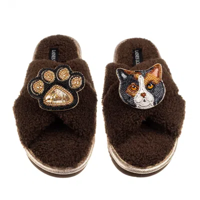 Laines London Women's Neutrals / Brown Boucle Slippers With Paw & Calico British Shorthair Cat Brooches - Chocolat In Animal Print