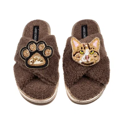 Laines London Women's Neutrals / Brown Laines Netural Boucle Slippers With Ginger Cat & Paw Brooches - Mink