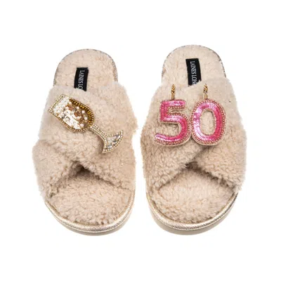 Laines London Women's Neutrals / Brown Laines Neutral Boucle Slippers With 50th Birthday & Champers Brooches - Oat