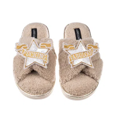 Laines London Women's Neutrals / Brown Laines Neutral Boucle Slippers With Fucking Fabulous White Star Brooches - 
