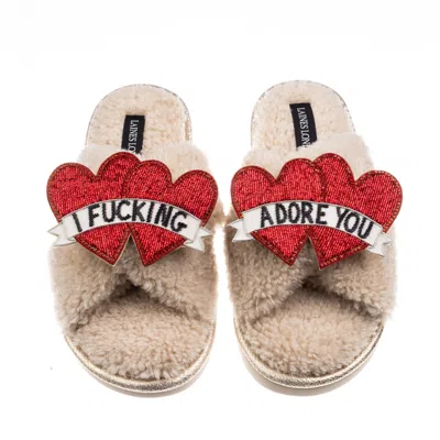 Laines London Women's Neutrals / Brown Laines Neutral Boucle Slippers With I Fucking Adore You Brooches - Oatmeal