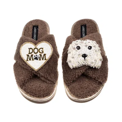 Laines London Women's Neutrals / Brown Laines Neutral Boucle Slippers With Queenie & Dog Mum / Mom Brooches - Mink