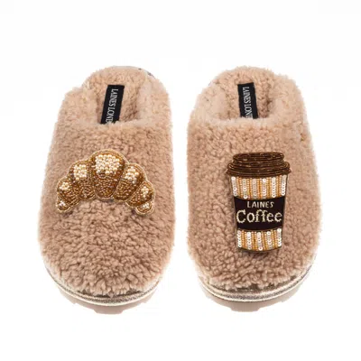 Laines London Women's Neutrals / Brown Teddy Closed Toe Slippers With Coffee & Croissant Brooches - Toffee
