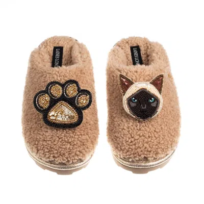 Laines London Women's Neutrals / White Teddy Closed Toe Slippers With Paw & Siamese Cat Brooches - Cream In Brown