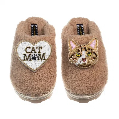 Laines London Women's Neutrals / Brown Teddy Closed Toe Slippers With Tabby Cat & Cat Mum / Mom Brooches - Toffee