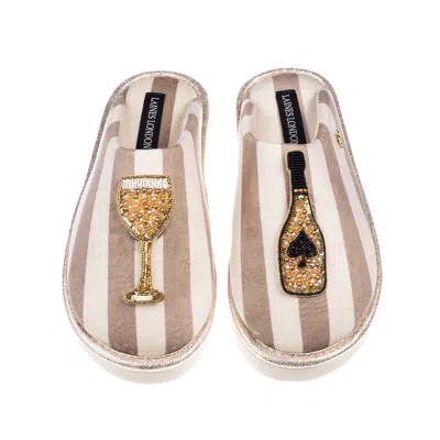 Laines London Women's Neutrals / Brown / White Flatform Stripe Closed Toe Slippers With Ace Of Champagne Brooches 