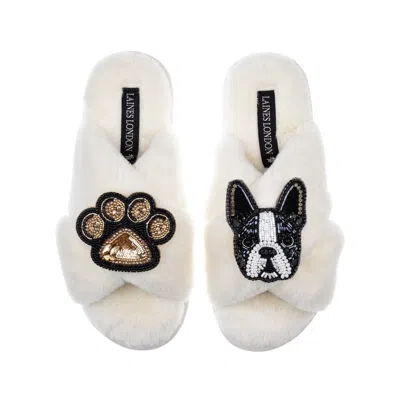 Laines London Women's Neutrals Classic Laines Slippers With Buddy Boston Terrier & Paw Brooches - Cream In White